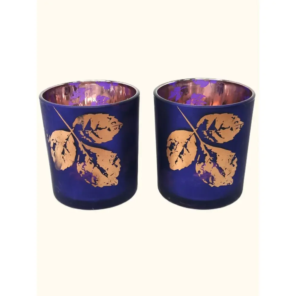 Yankee Candle Votive Candle Holders Pair Midnight Fall Glass Purple Copper Leaf